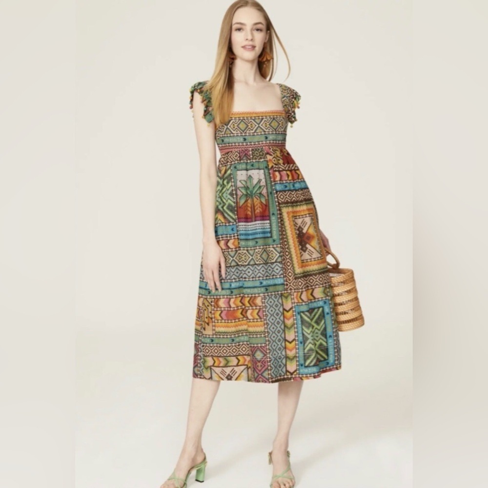 FARM Rio Patchwork Midi Dress XS Boho Cotton Colorful